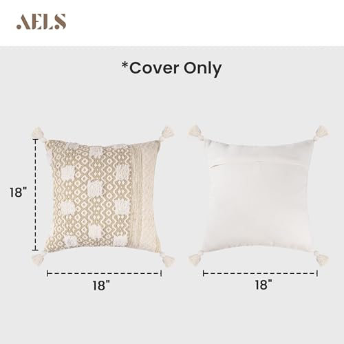 AELS Boho Decorative Throw Pillow Covers with Fringe 18x18, Mid Century Tufted Accent Pillow Case, Woven Textured Modern Farmhouse Neutral Cushion Case for Bed Couch Sofa, Beige