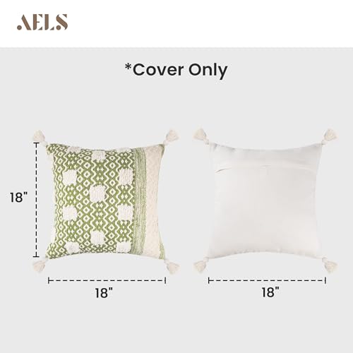 AELS Boho Decorative Throw Pillow Covers with Fringe 18x18, Mid Century Tufted Accent Pillow Case, Woven Textured Modern Farmhouse Neutral Cushion Case for Bed Couch Sofa, Beige