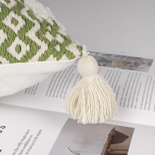 AELS Boho Decorative Throw Pillow Covers with Fringe 18x18, Mid Century Tufted Accent Pillow Case, Woven Textured Modern Farmhouse Neutral Cushion Case for Bed Couch Sofa, Beige