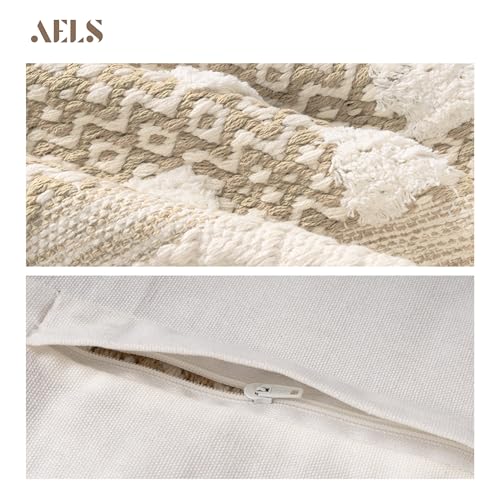 AELS Boho Decorative Throw Pillow Covers with Fringe 18x18, Mid Century Tufted Accent Pillow Case, Woven Textured Modern Farmhouse Neutral Cushion Case for Bed Couch Sofa, Beige
