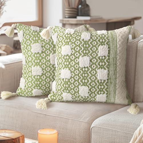 AELS Boho Decorative Throw Pillow Covers with Fringe 18x18, Mid Century Tufted Accent Pillow Case, Woven Textured Modern Farmhouse Neutral Cushion Case for Bed Couch Sofa, Beige