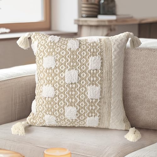 AELS Boho Decorative Throw Pillow Covers with Fringe 18x18, Mid Century Tufted Accent Pillow Case, Woven Textured Modern Farmhouse Neutral Cushion Case for Bed Couch Sofa, Beige