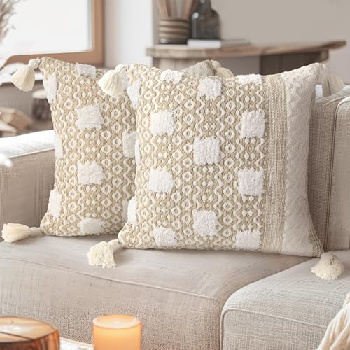 AELS Boho Decorative Throw Pillow Covers with Fringe 18x18, Mid Century Tufted Accent Pillow Case, Woven Textured Modern Farmhouse Neutral Cushion Case for Bed Couch Sofa, Beige