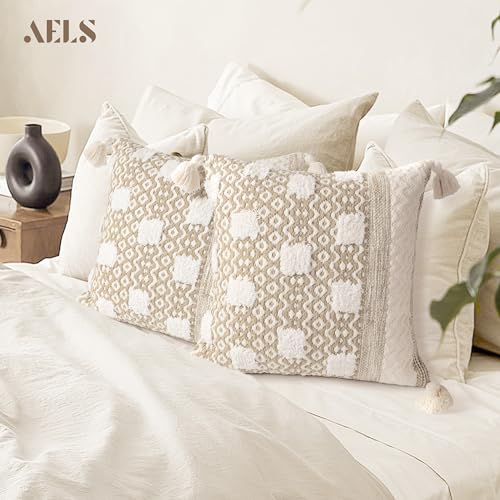 AELS Boho Decorative Throw Pillow Covers with Fringe 18x18, Mid Century Tufted Accent Pillow Case, Woven Textured Modern Farmhouse Neutral Cushion Case for Bed Couch Sofa, Beige