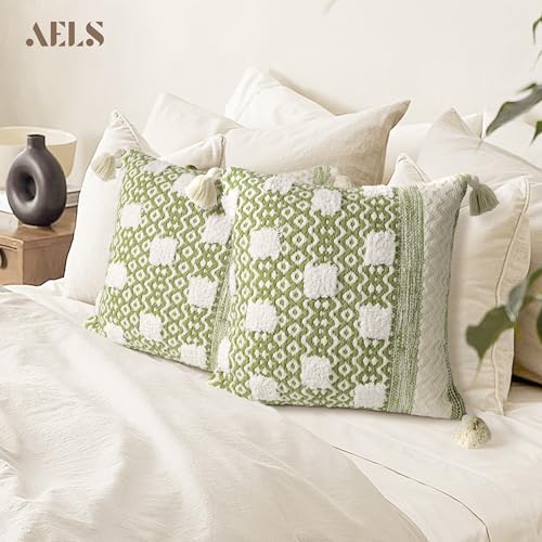AELS Boho Decorative Throw Pillow Covers with Fringe 18x18, Mid Century Tufted Accent Pillow Case, Woven Textured Modern Farmhouse Neutral Cushion Case for Bed Couch Sofa, Beige