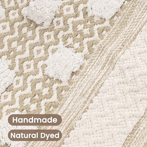 AELS Boho Decorative Throw Pillow Covers with Fringe 18x18, Mid Century Tufted Accent Pillow Case, Woven Textured Modern Farmhouse Neutral Cushion Case for Bed Couch Sofa, Beige