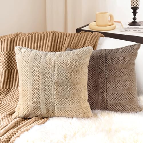 AELS 20x20 Decorative Boho Farmhouse Striped Throw Pillow Covers, Soft Faux Fur Pillow Case, Set of 2, Textured Patchwork Cushion Cover for Sofa Couch Living Room, Apricot & Brown (Cover ONLY)