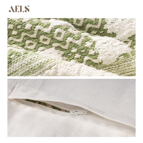 AELS Boho Decorative Throw Pillow Covers with Fringe 18x18, Mid Century Tufted Accent Pillow Case, Woven Textured Modern Farmhouse Neutral Cushion Case for Bed Couch Sofa, Beige
