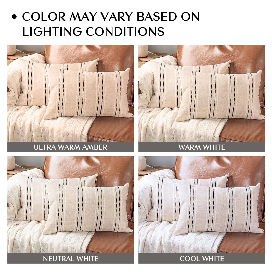 AELS 14x36 Decorative Lumbar Throw Pillow Covers, Farmhouse Linen Textured Long Pillow Case, Beige with White & Navy Blue Stitch Boho Cushion Cover for Couch Living Room (Cover ONLY)
