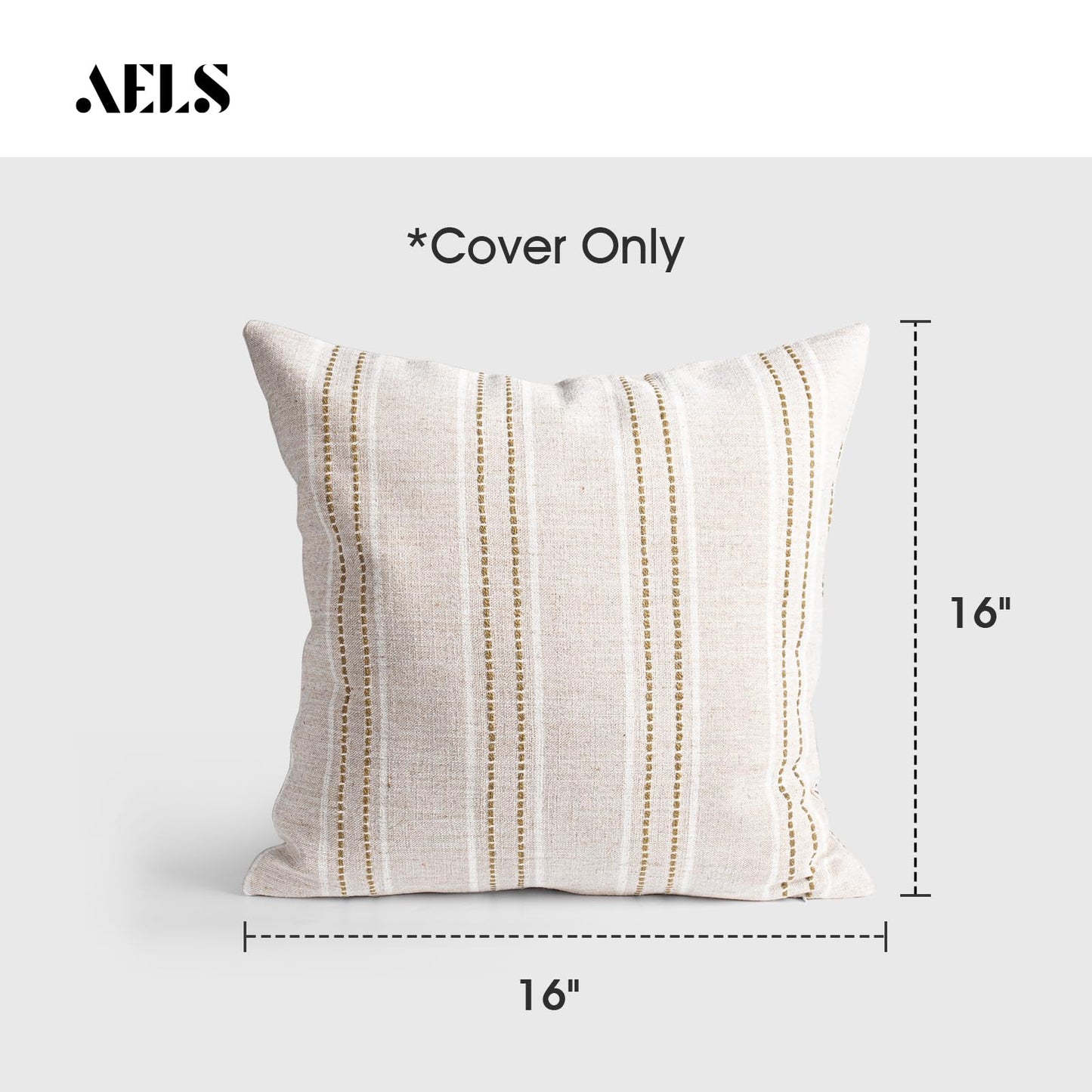 AELS 14x36 Decorative Lumbar Throw Pillow Covers, Farmhouse Linen Textured Long Pillow Case, Beige with White & Navy Blue Stitch Boho Cushion Cover for Couch Living Room (Cover ONLY)