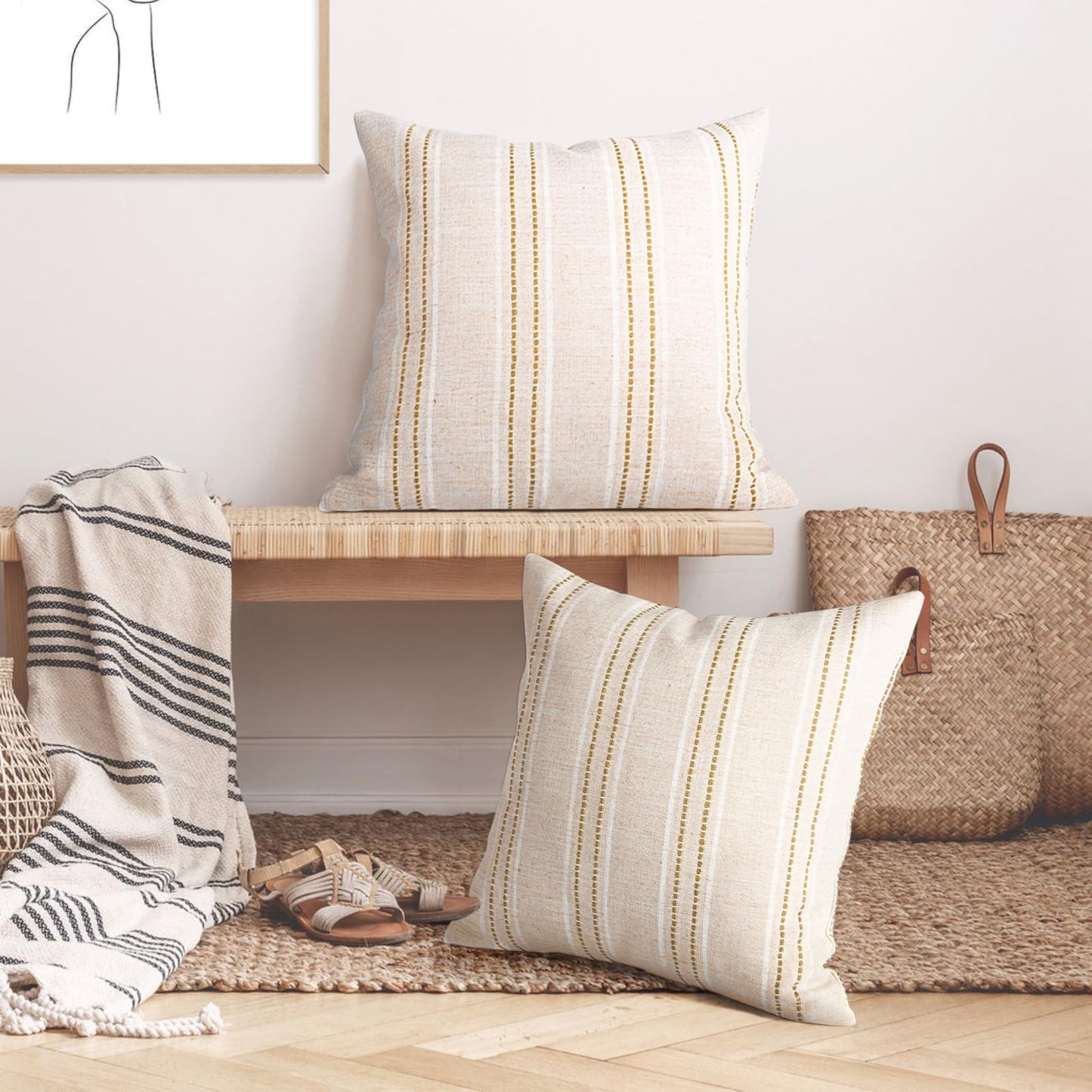 AELS 14x36 Decorative Lumbar Throw Pillow Covers, Farmhouse Linen Textured Long Pillow Case, Beige with White & Navy Blue Stitch Boho Cushion Cover for Couch Living Room (Cover ONLY)