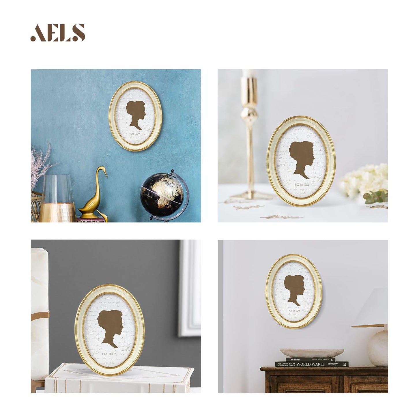 AELS 4x4 Inch Vintage Picture Frame, Elegant Antique Photo Frames with Glass Front, Photo Display, Tabletop Wall Hanging, Gift Ideas, Off-white Oval with Gold Trim