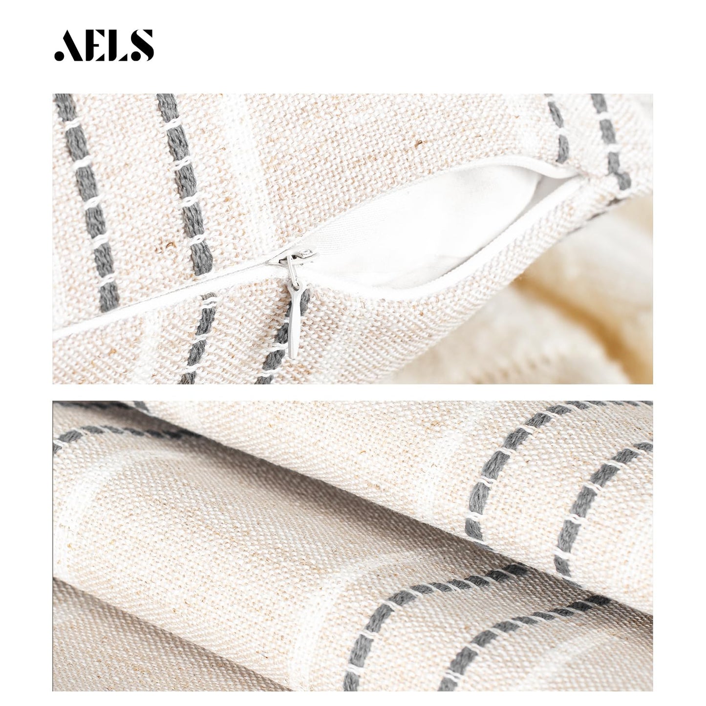 AELS 14x36 Decorative Lumbar Throw Pillow Covers, Farmhouse Linen Textured Long Pillow Case, Beige with White & Navy Blue Stitch Boho Cushion Cover for Couch Living Room (Cover ONLY)