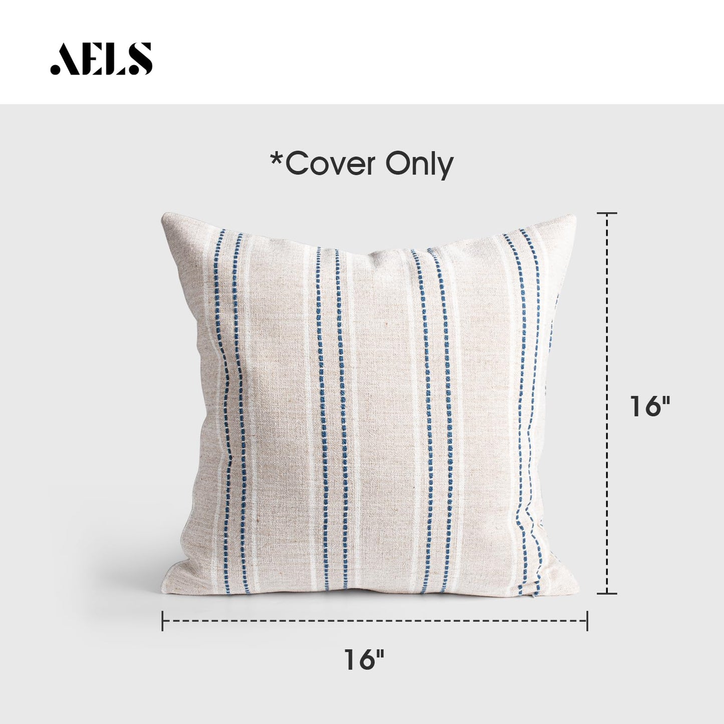 AELS 14x36 Decorative Lumbar Throw Pillow Covers, Farmhouse Linen Textured Long Pillow Case, Beige with White & Navy Blue Stitch Boho Cushion Cover for Couch Living Room (Cover ONLY)