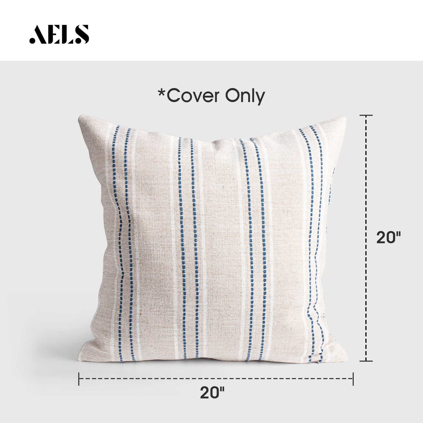 AELS 14x36 Decorative Lumbar Throw Pillow Covers, Farmhouse Linen Textured Long Pillow Case, Beige with White & Navy Blue Stitch Boho Cushion Cover for Couch Living Room (Cover ONLY)