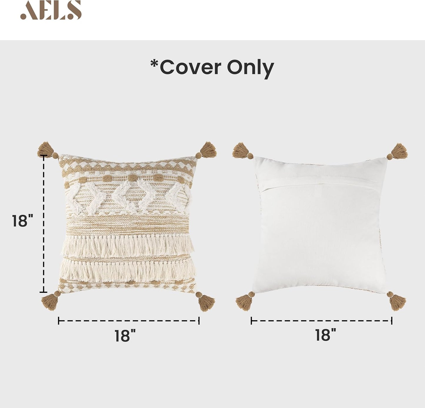AELS Boho Decorative Throw Pillow Covers with Fringes and Tassels 18x18, Mid Century Tufted Accent Pillow Case, Woven Textured Modern Farmhouse Neutral Cushion Case for Bed Couch Sofa, Beige