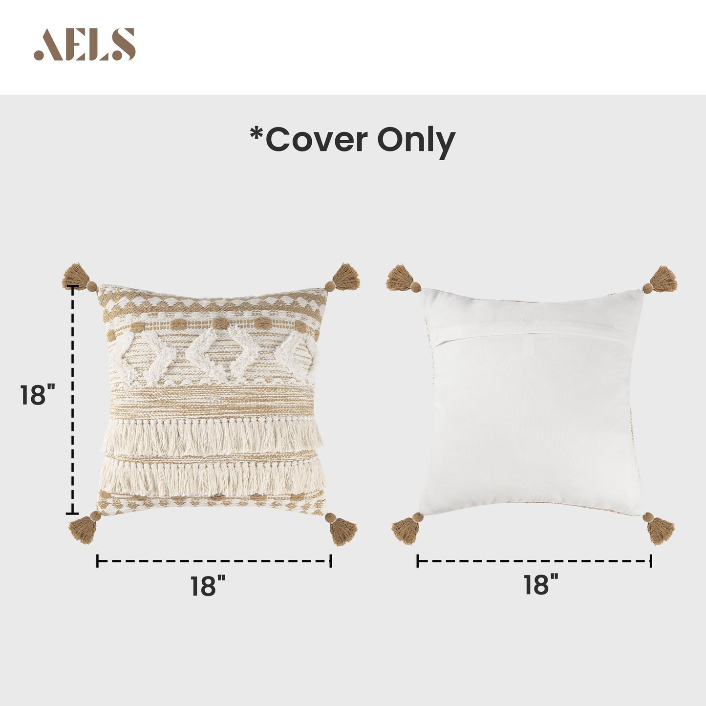 AELS Boho Decorative Throw Pillow Covers with Fringes and Tassels 18x18, Mid Century Tufted Accent Pillow Case, Woven Textured Modern Farmhouse Neutral Cushion Case for Bed Couch Sofa, Beige