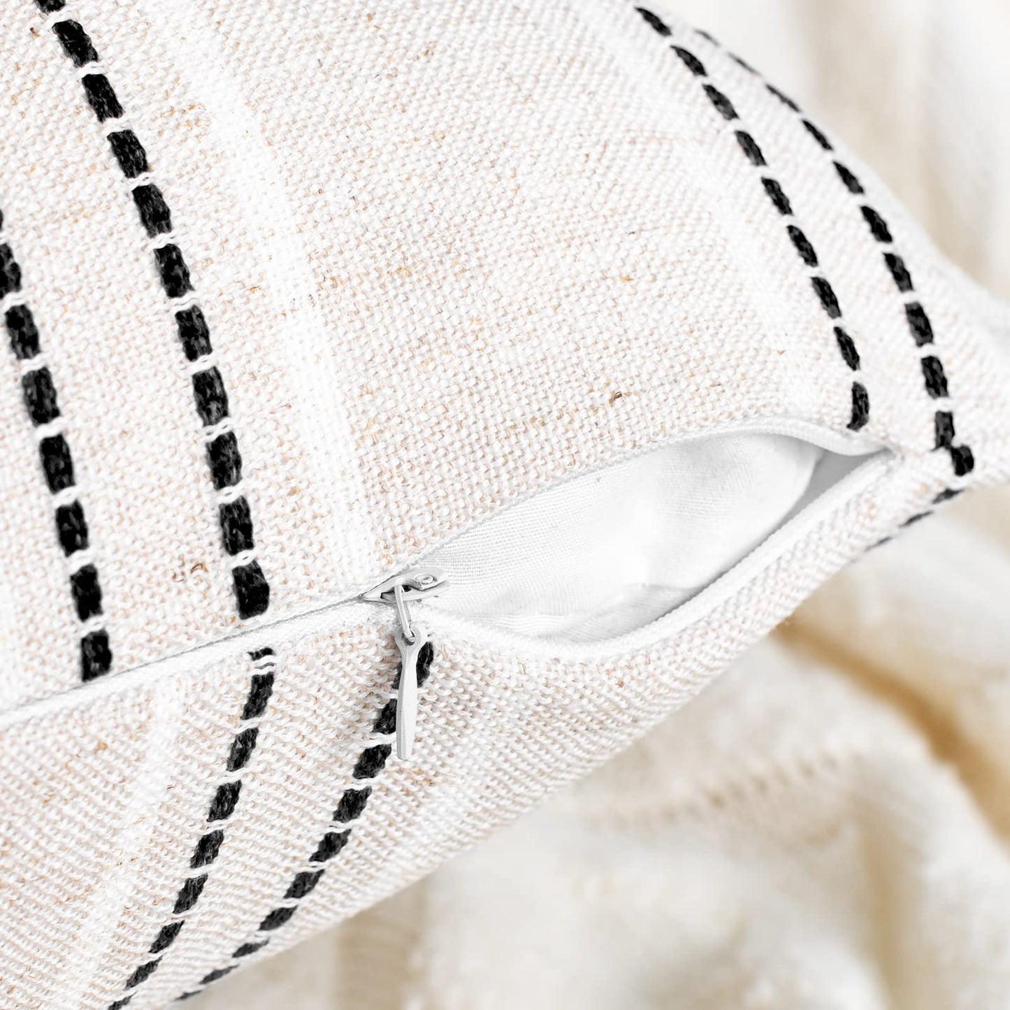AELS 14x36 Decorative Lumbar Throw Pillow Covers, Farmhouse Linen Textured Long Pillow Case, Beige with White & Navy Blue Stitch Boho Cushion Cover for Couch Living Room (Cover ONLY)