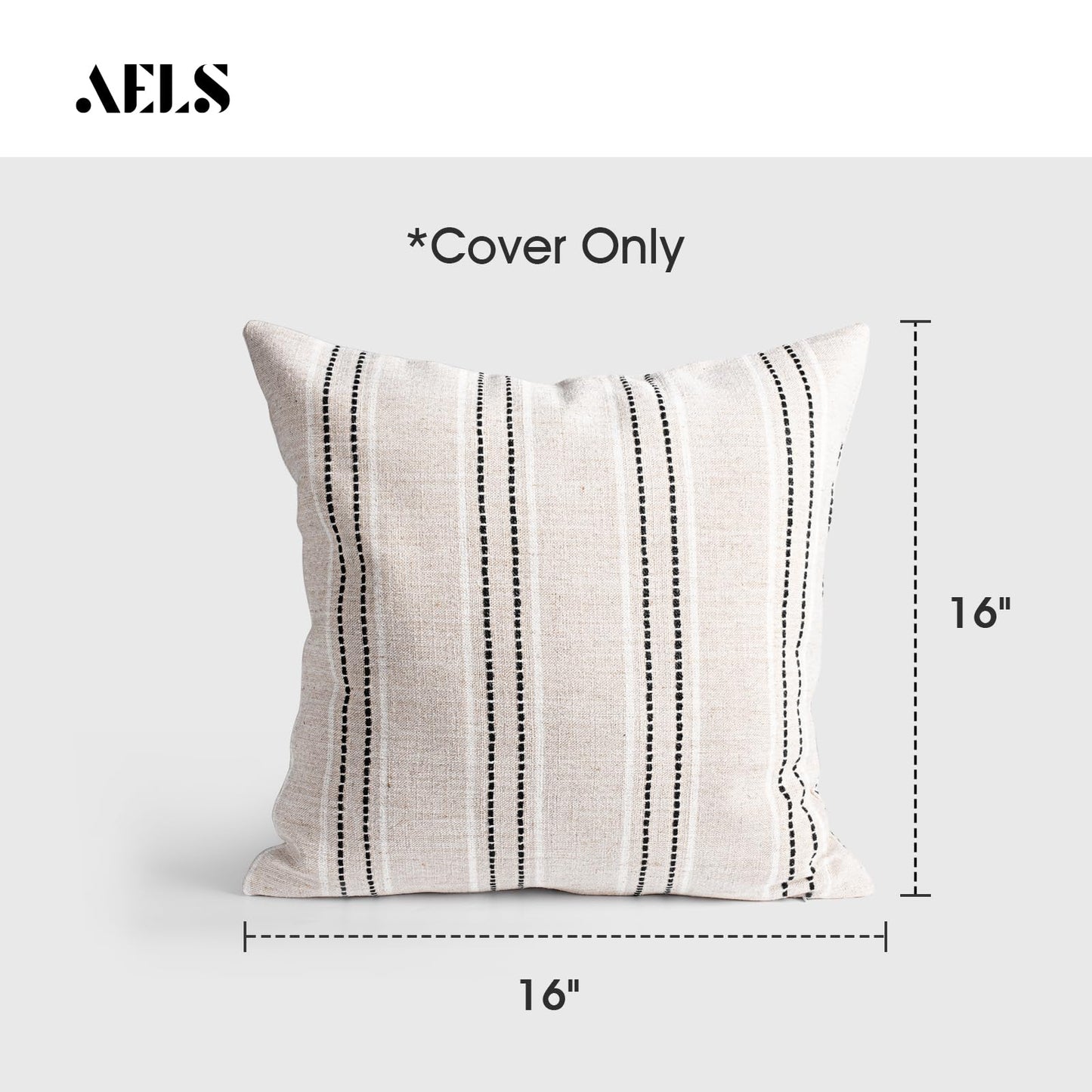 AELS 14x36 Decorative Lumbar Throw Pillow Covers, Farmhouse Linen Textured Long Pillow Case, Beige with White & Navy Blue Stitch Boho Cushion Cover for Couch Living Room (Cover ONLY)