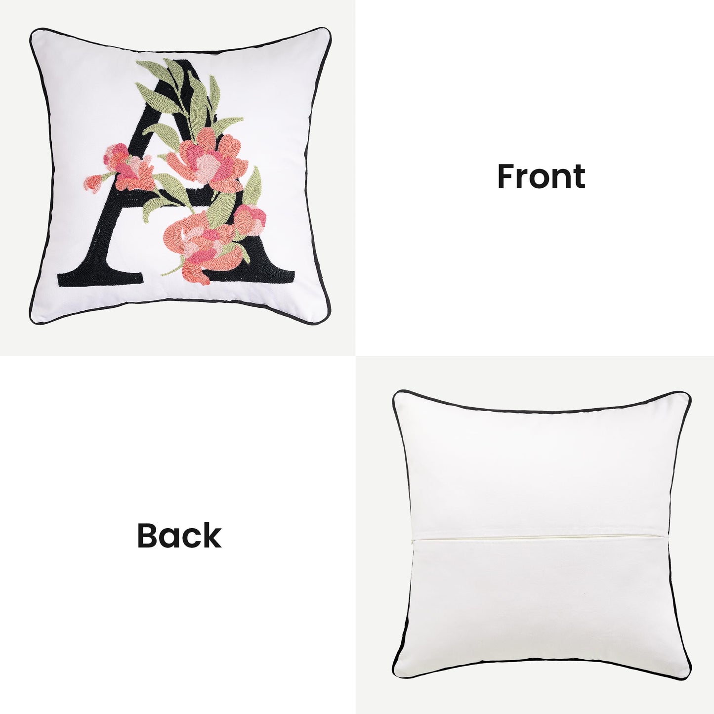 AELS Embroidered Letter Throw Pillow Cover, Chic Modern Botanical Alphabet Cushion Cover with Floral Monogram, 18"x18" Cotton Decorative Pillowcase for Couch, Sofa, Bed, or Living Room Decor, Letter A