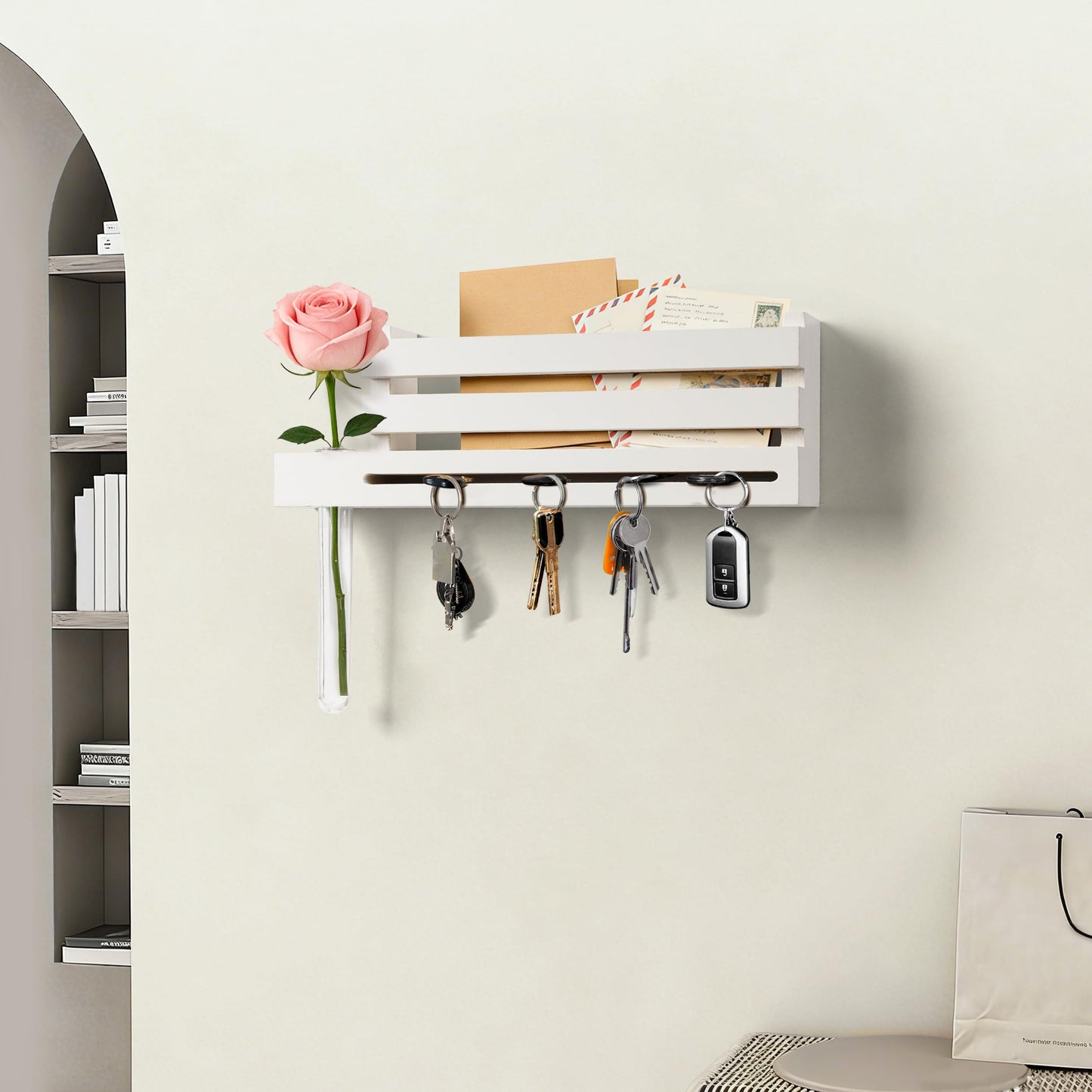 AELS Black Wall Mounted Key Holder with Acrylic Vase & Mail Organizer, Wooden Entryway Key Rack with 5.9" Test Tube Vase, Decorative Key Hanger with Slot for Keys and Letters, Gift Idea