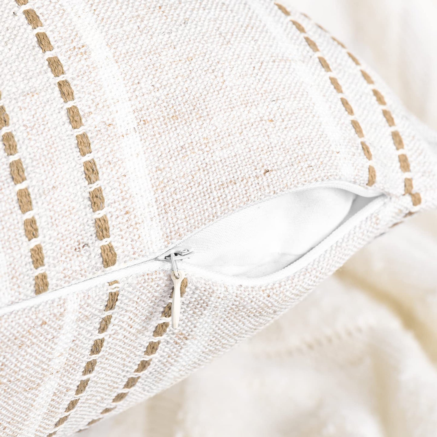 AELS 18x18 Decorative Farmhouse Linen Throw Pillow Covers, Boho Textured Pillow Case, Set of 2, Beige with White & Brown Stitch Yarn Dyed Stripe Cushion Cover for Sofa Couch Living Room (Cover ONLY)