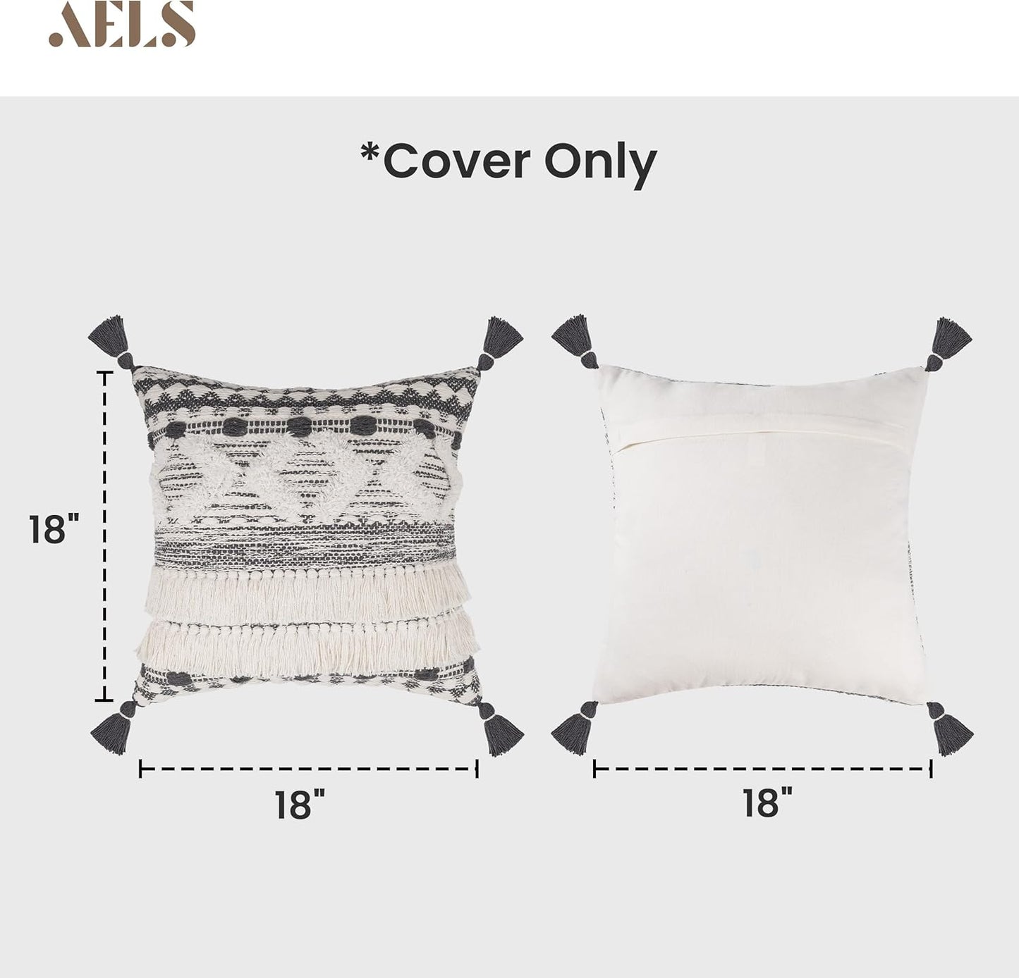 AELS Boho Decorative Throw Pillow Covers with Fringes and Tassels 18x18, Mid Century Tufted Accent Pillow Case, Woven Textured Modern Farmhouse Neutral Cushion Case for Bed Couch Sofa, Beige