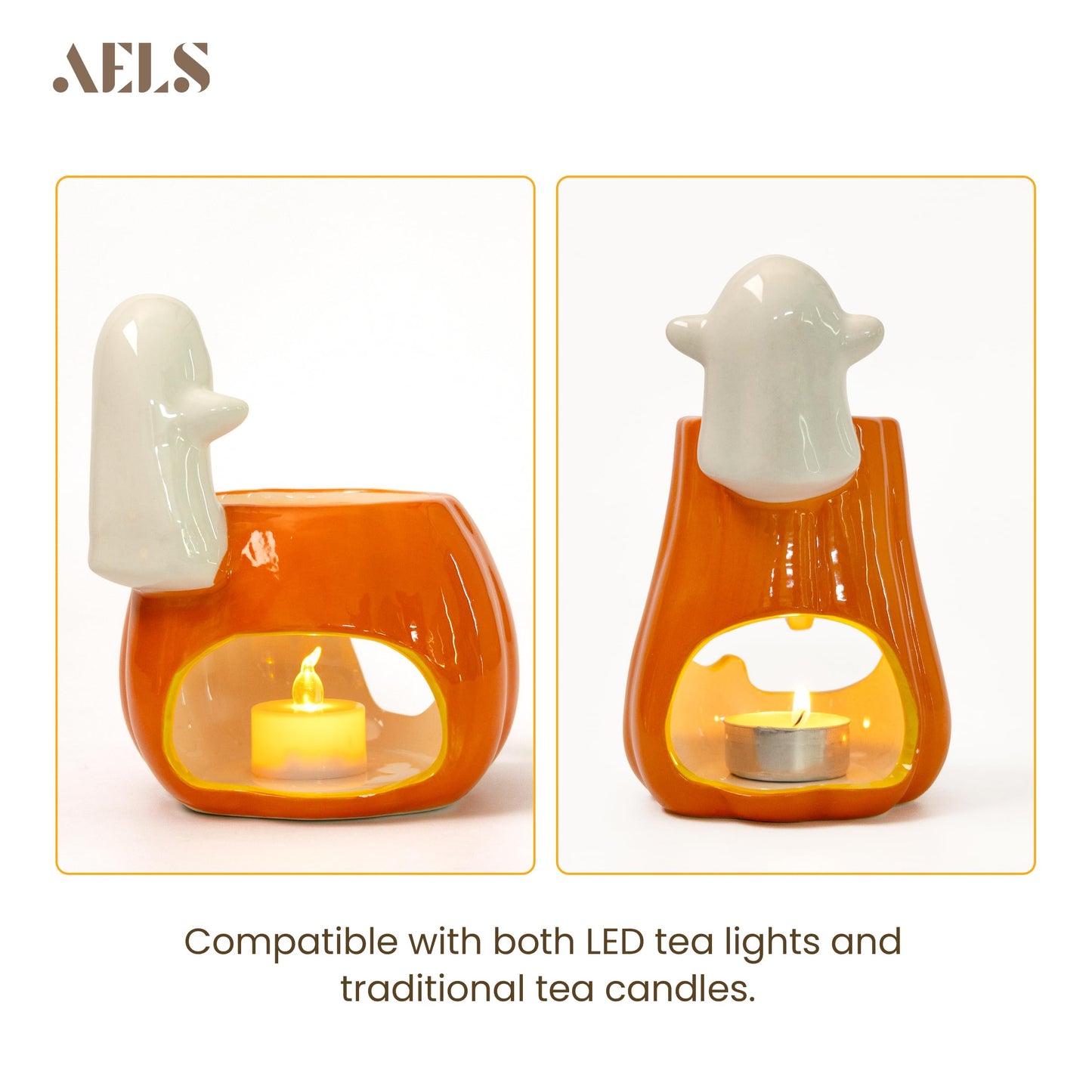 AELS Halloween Pumpkin Tealight Holders – Set of 3 Ceramic Jack O' Lantern Candle Holders with Ghosts, Spooky Sculptures Ghost Figurines, Indoor Tabletop Decorations for Holiday Party Home