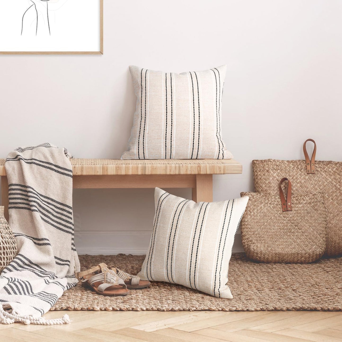AELS 14x36 Decorative Lumbar Throw Pillow Covers, Farmhouse Linen Textured Long Pillow Case, Beige with White & Navy Blue Stitch Boho Cushion Cover for Couch Living Room (Cover ONLY)