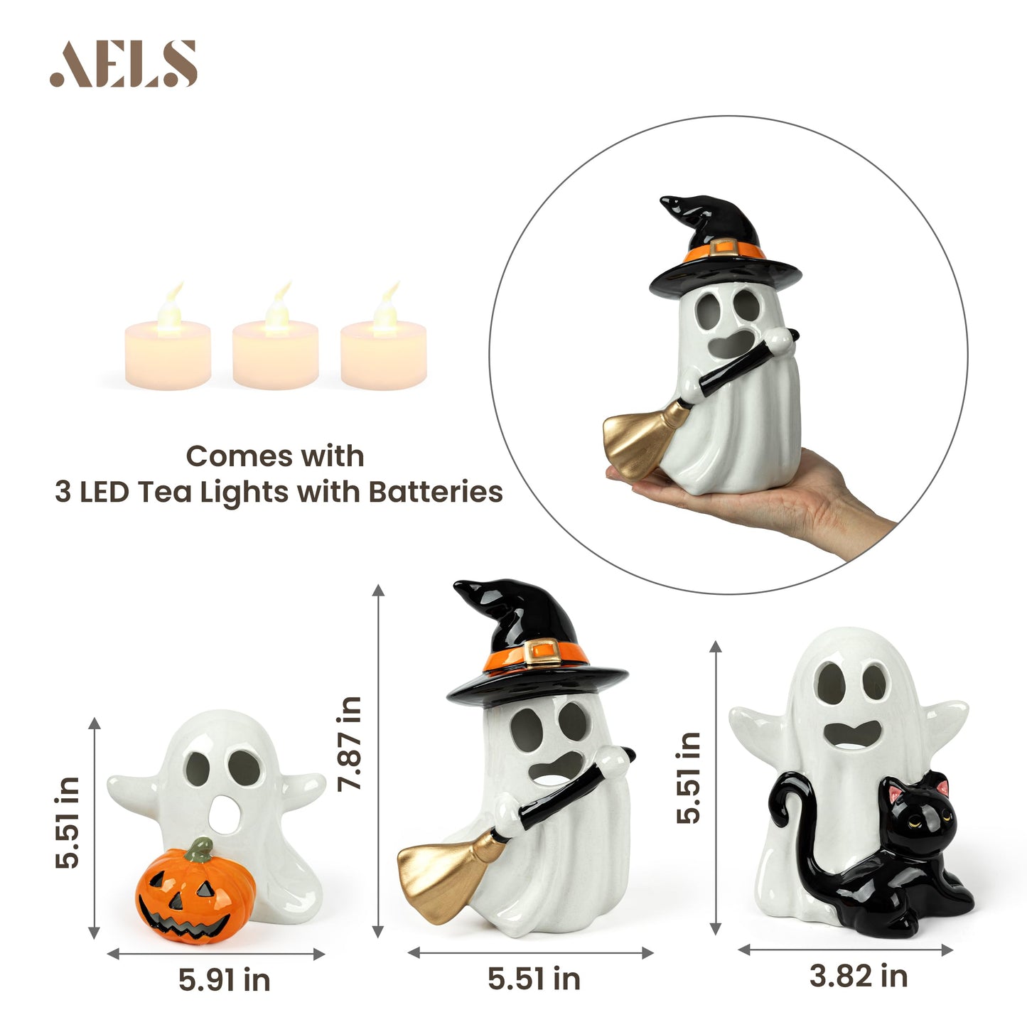 AELS Halloween Pumpkin Tealight Holders – Set of 3 Ceramic Jack O' Lantern Candle Holders with Ghosts, Spooky Sculptures Ghost Figurines, Indoor Tabletop Decorations for Holiday Party Home