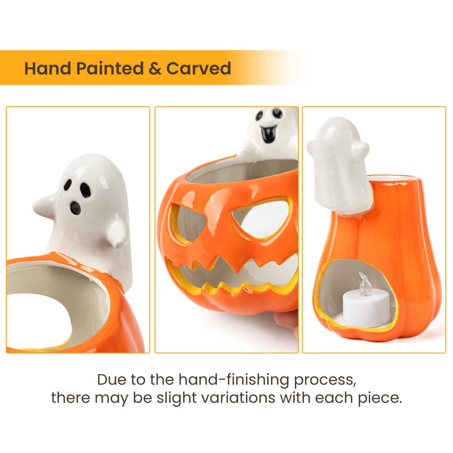 AELS Halloween Pumpkin Tealight Holders – Set of 3 Ceramic Jack O' Lantern Candle Holders with Ghosts, Spooky Sculptures Ghost Figurines, Indoor Tabletop Decorations for Holiday Party Home