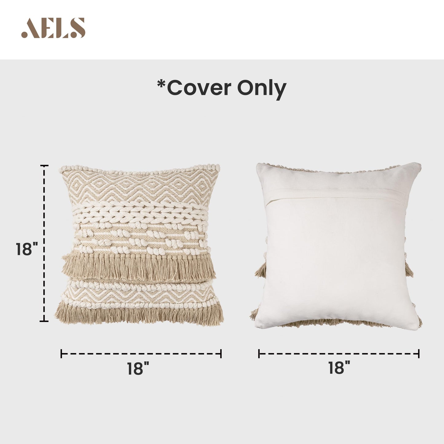 AELS Boho Decorative Striped Throw Pillow Covers with Fringe 18x18, Set of 2, Mid Century Tufted Accent Pillow Case, Woven Textured Modern Farmhouse Neutral Cushion Case for Bed Couch Sofa, Beige