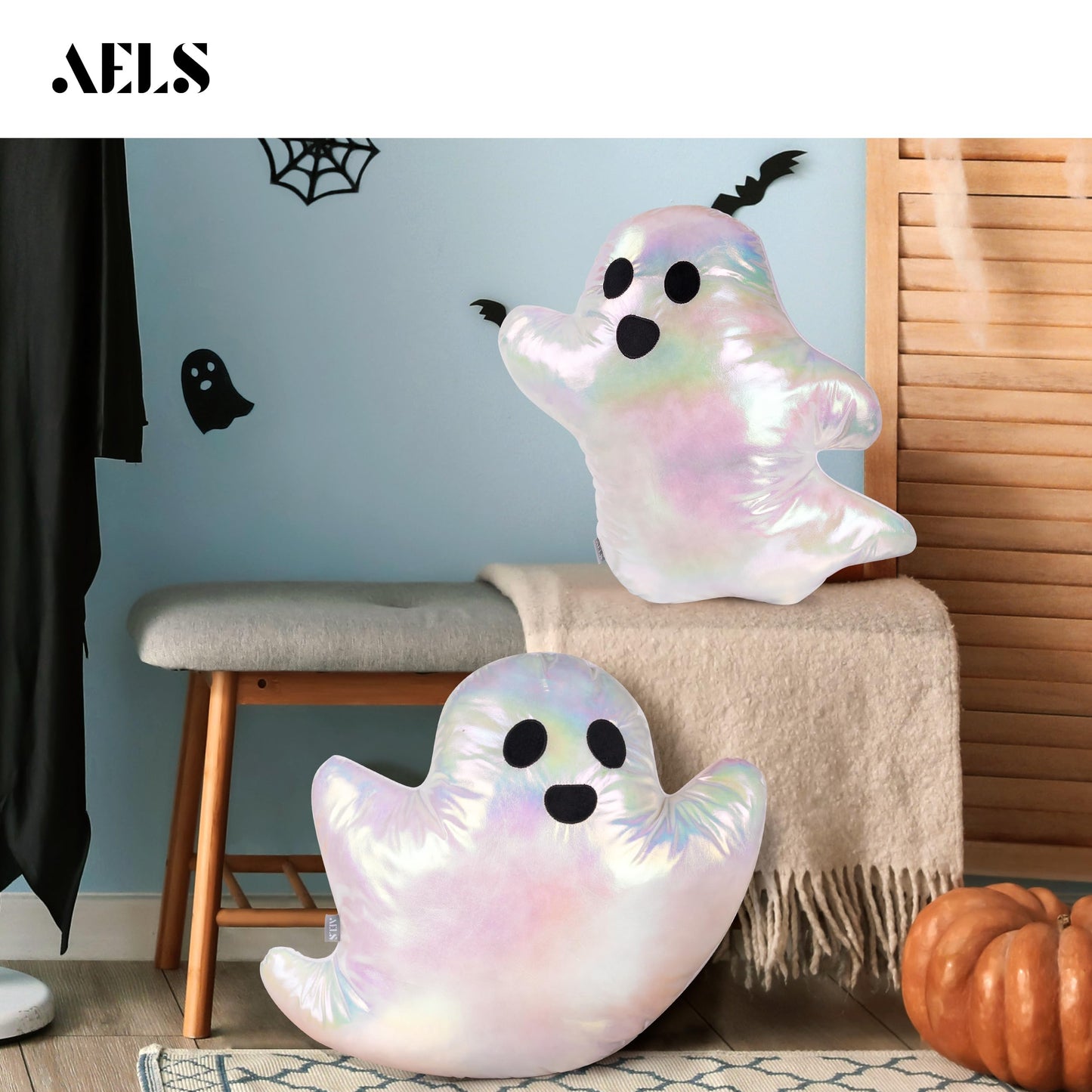 AELS 19.6" Ghost Decorative Throw Pillow Set of 2, Ghost Shaped Spooky Plush Pillows, Halloween Decorations, Halloween Pillows for Holiday Party Home, Decor for Living Room Bedroom, White