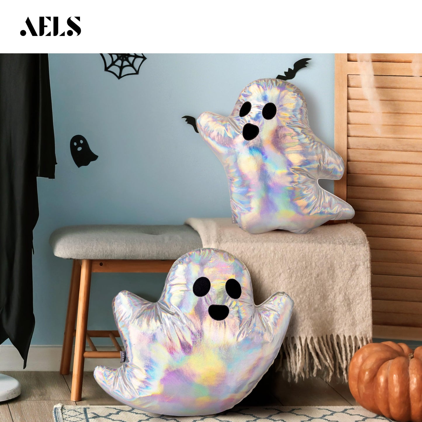AELS 19.6" Ghost Decorative Throw Pillow Set of 2, Ghost Shaped Spooky Plush Pillows, Halloween Decorations, Halloween Pillows for Holiday Party Home, Decor for Living Room Bedroom, White