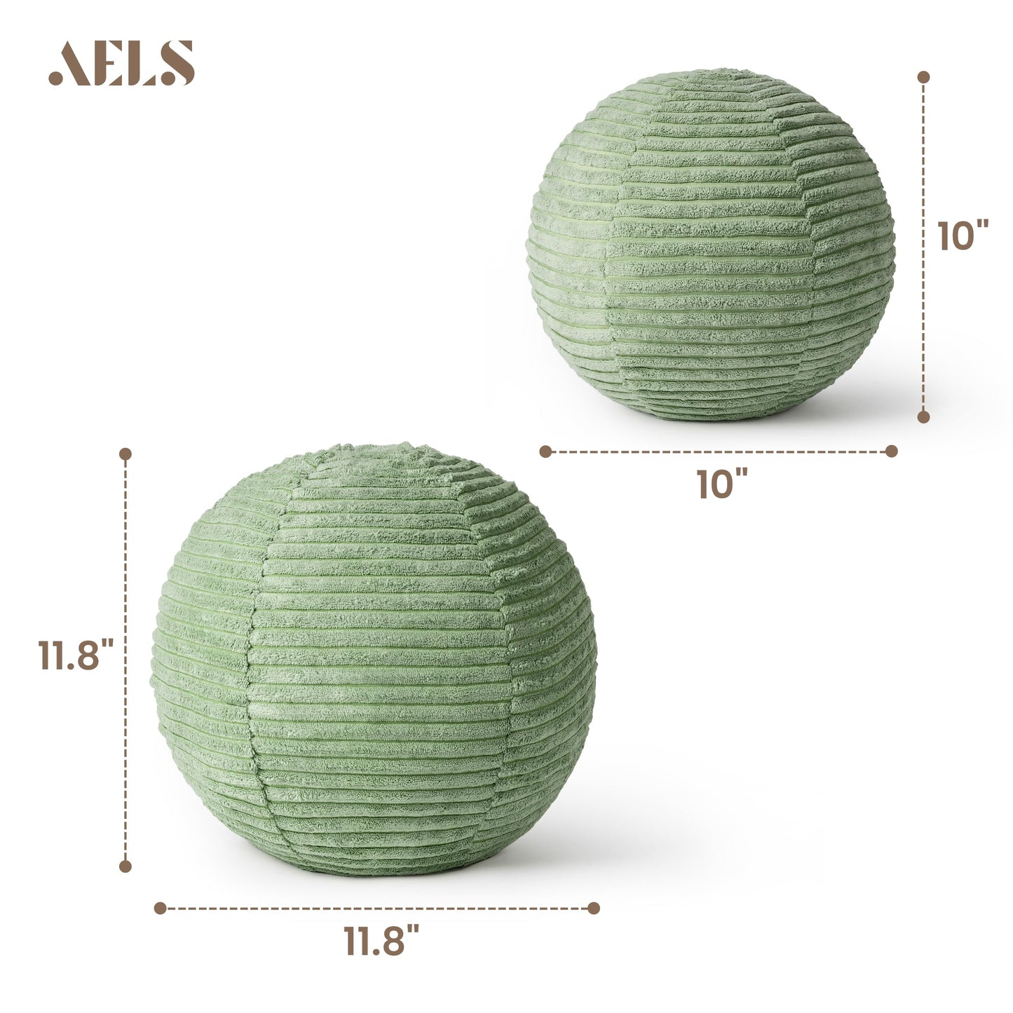 AELS Round Decorative Throw Pillows, Set of 2, 11.8"& 10" Corduroy Striped Ball Pillow Set for Couch Sofa Living Room Bedroom Nursery Decor, Mid Century Modern Home Decor, Sage Green