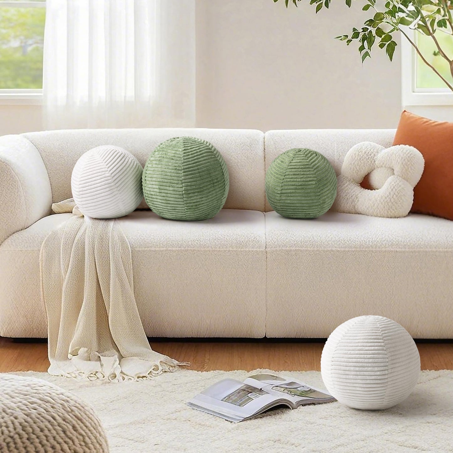 AELS Round Decorative Throw Pillows, Set of 2, 11.8"& 10" Corduroy Striped Ball Pillow Set for Couch Sofa Living Room Bedroom Nursery Decor, Mid Century Modern Home Decor, Sage Green