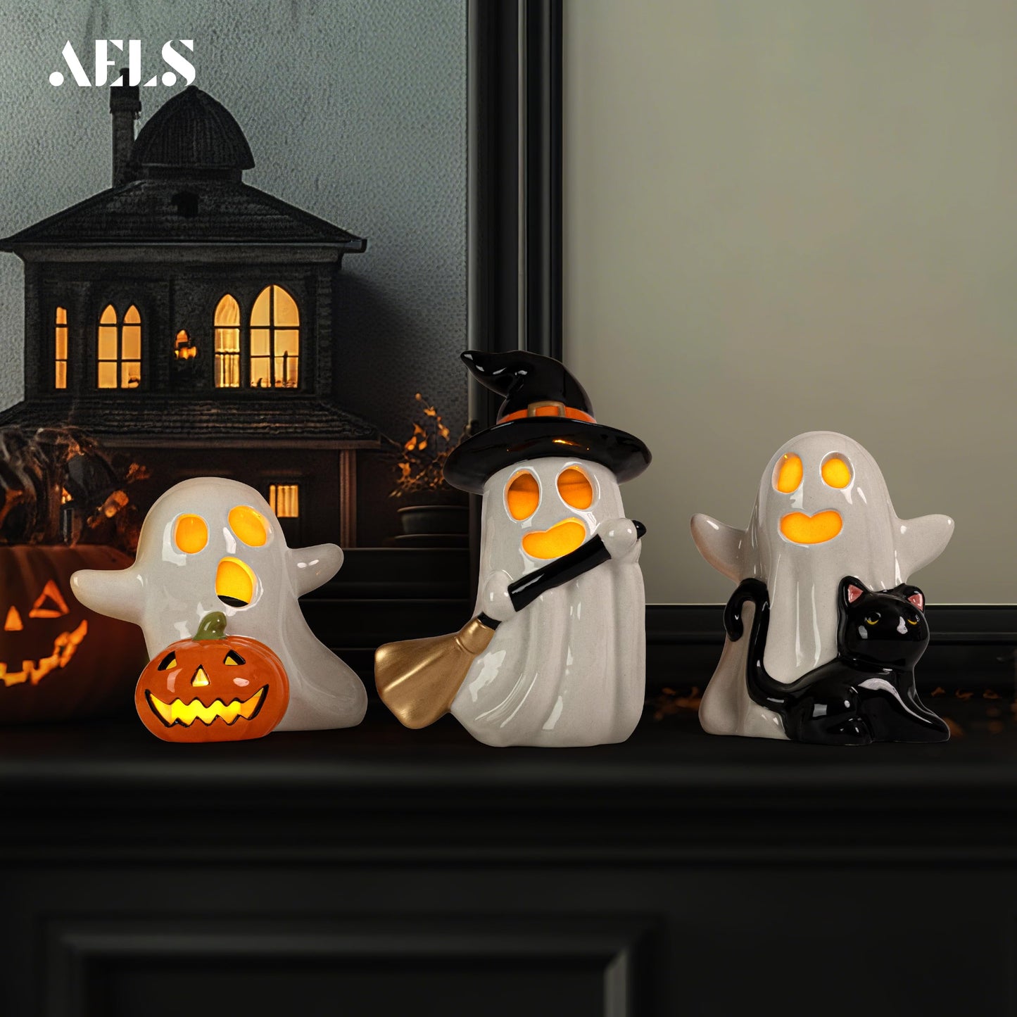 AELS Halloween Pumpkin Tealight Holders – Set of 3 Ceramic Jack O' Lantern Candle Holders with Ghosts, Spooky Sculptures Ghost Figurines, Indoor Tabletop Decorations for Holiday Party Home