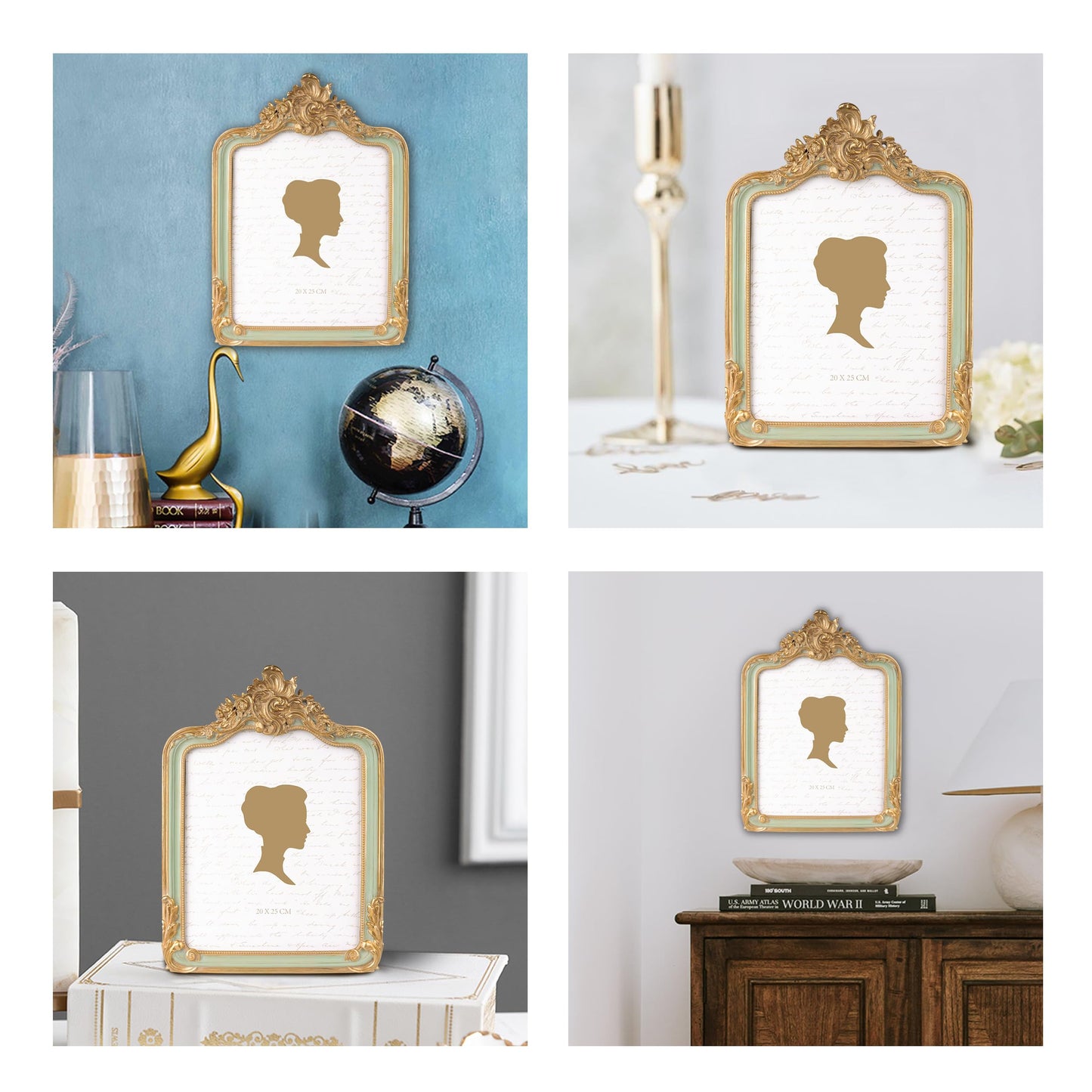 AELS 8x10 Inch Vintage Picture Frame, Elegant Antique Photo Frames with Glass Front, Photo Display, Tabletop Wall Hanging, Gift Ideas, Gold and Sage Green