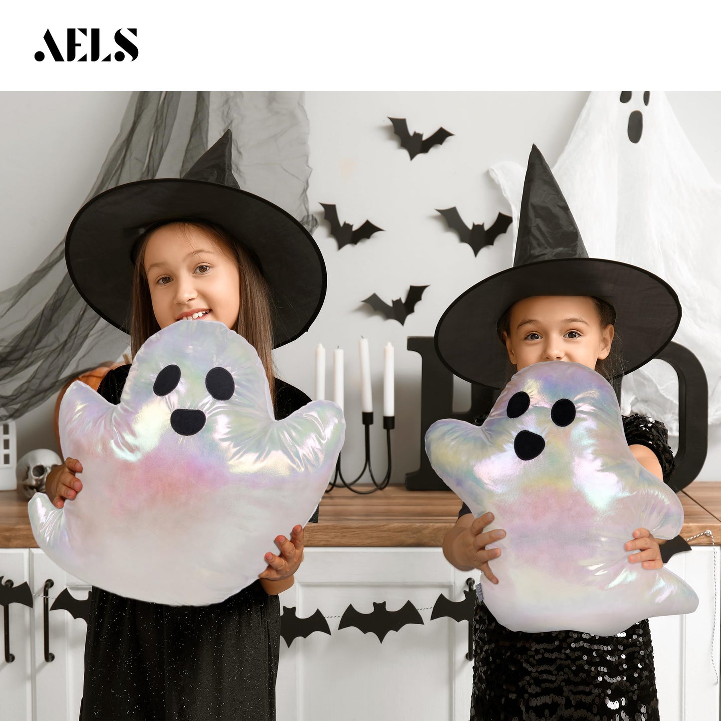 AELS 19.6" Ghost Decorative Throw Pillow Set of 2, Ghost Shaped Spooky Plush Pillows, Halloween Decorations, Halloween Pillows for Holiday Party Home, Decor for Living Room Bedroom, White