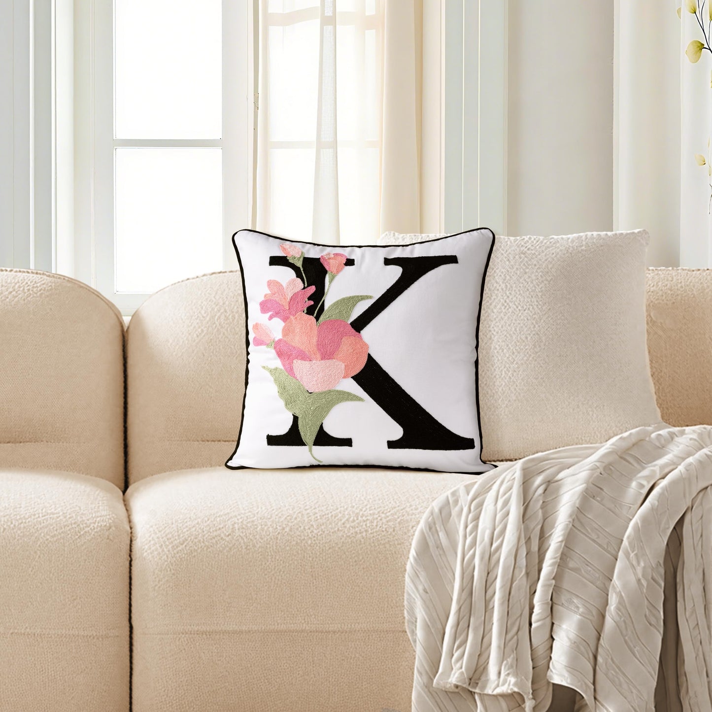 AELS Embroidered Letter Throw Pillow Cover, Chic Modern Botanical Alphabet Cushion Cover with Floral Monogram, 18"x18" Cotton Decorative Pillowcase for Couch, Sofa, Bed, or Living Room Decor, Letter A