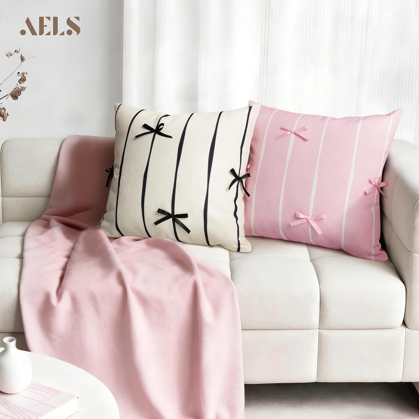 AELS Pink Bow Striped Decorative Valentine Throw Pillow Covers 18x18, Set of 2, Bowknot Pillow Case, Cute Cushion Case for Bed Couch Sofa, Pink and White Stripes, Covers Only