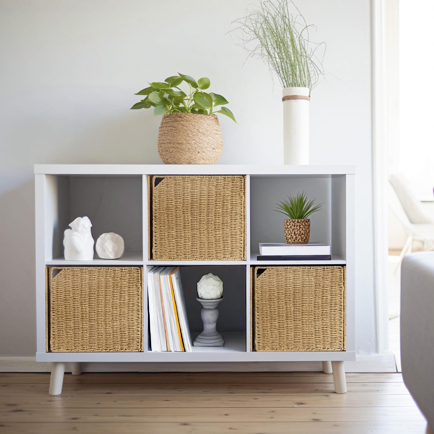 AELS 13" Handwoven Natural Fibre Doors for Cube Storage Shelf, Set of 4, Boho Straw Shelf Cover for Bookcase & Open Bookshelf, Rustic Farmhouse Home Decor, fit IKEA Kallax Shelf, Beige (Door ONLY)