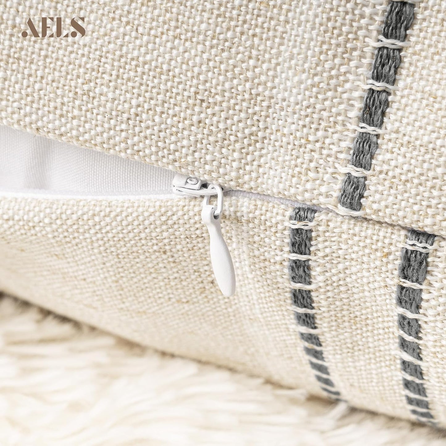 AELS 14x36 Decorative Lumbar Throw Pillow Covers, Farmhouse Linen Textured Long Pillow Case, Beige with White & Navy Blue Stitch Boho Cushion Cover for Couch Living Room (Cover ONLY)