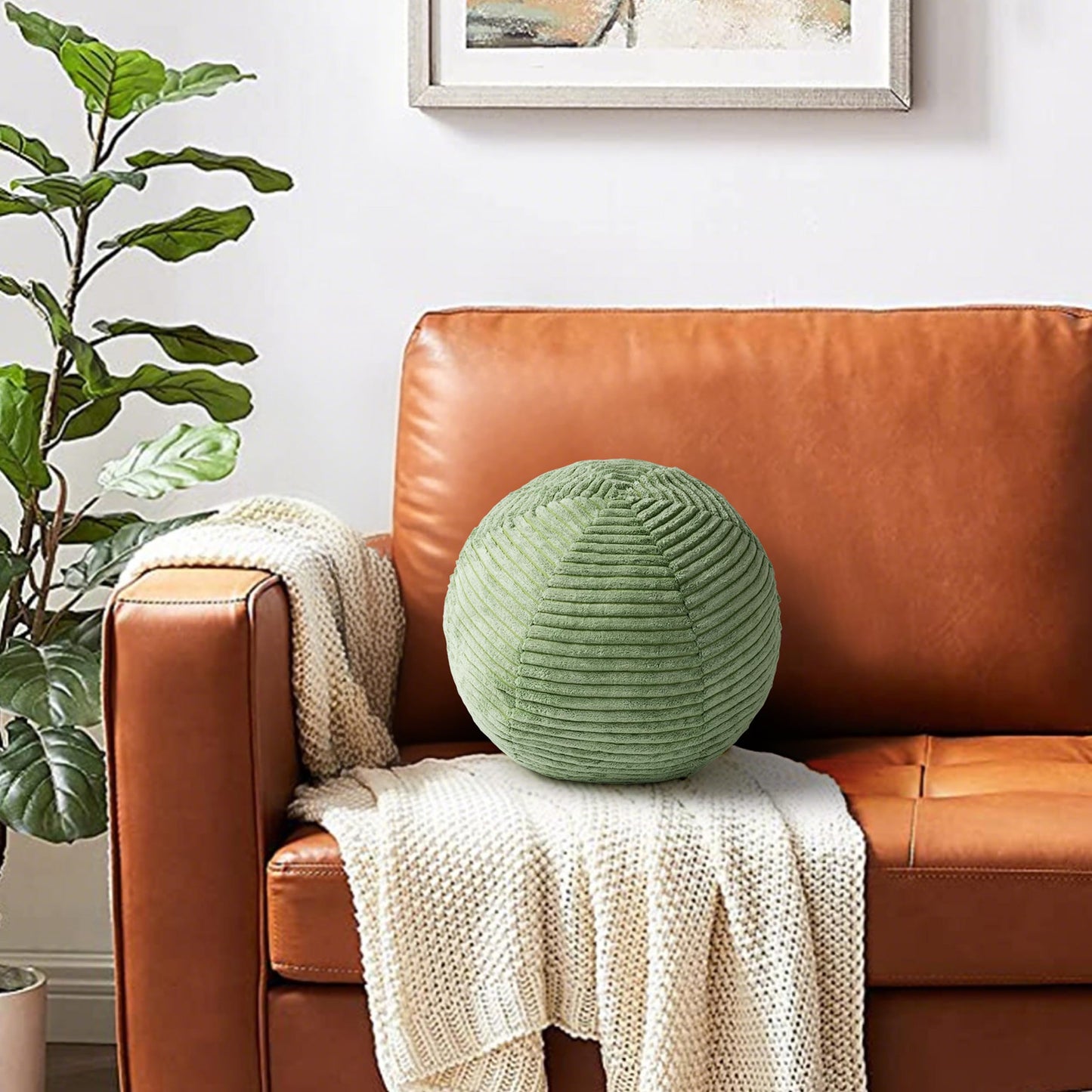 AELS Round Decorative Throw Pillows, Set of 2, 11.8"& 10" Corduroy Striped Ball Pillow Set for Couch Sofa Living Room Bedroom Nursery Decor, Mid Century Modern Home Decor, Sage Green