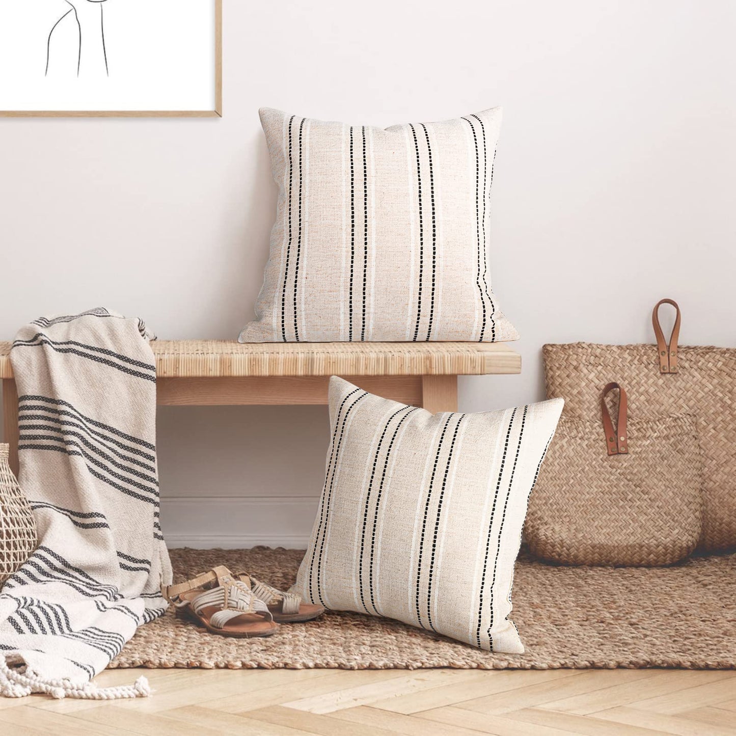 AELS 14x36 Decorative Lumbar Throw Pillow Covers, Farmhouse Linen Textured Long Pillow Case, Beige with White & Navy Blue Stitch Boho Cushion Cover for Couch Living Room (Cover ONLY)