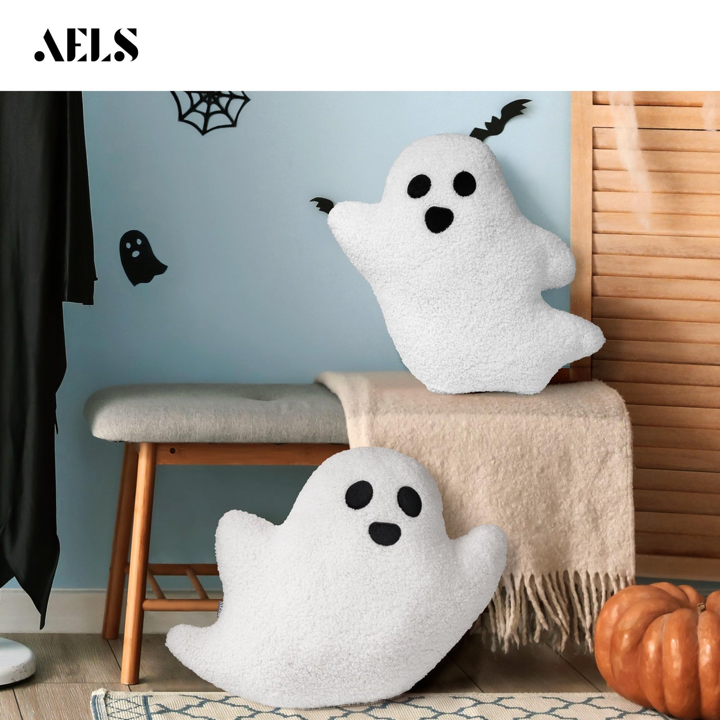AELS 19.6" Ghost Decorative Throw Pillow Set of 2, Ghost Shaped Spooky Plush Pillows, Halloween Decorations, Halloween Pillows for Holiday Party Home, Decor for Living Room Bedroom, White