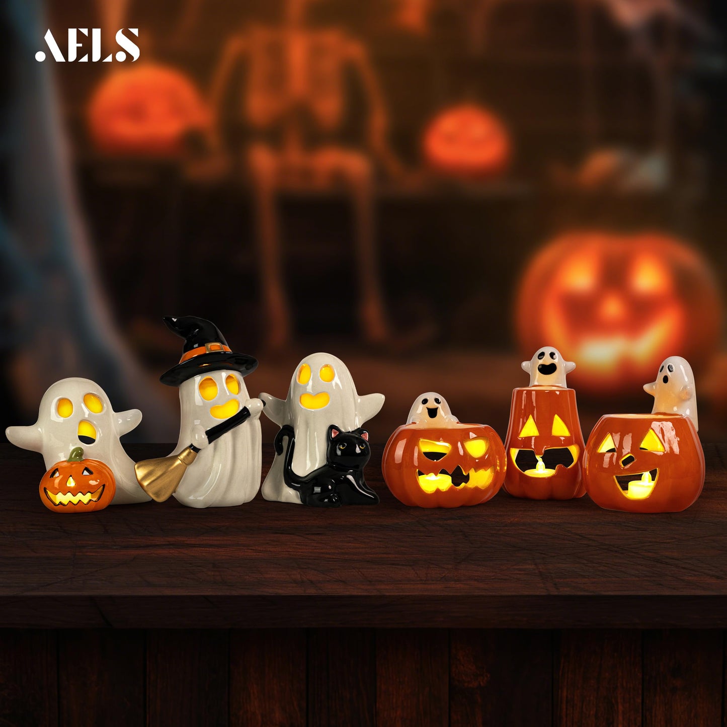 AELS Halloween Pumpkin Tealight Holders – Set of 3 Ceramic Jack O' Lantern Candle Holders with Ghosts, Spooky Sculptures Ghost Figurines, Indoor Tabletop Decorations for Holiday Party Home