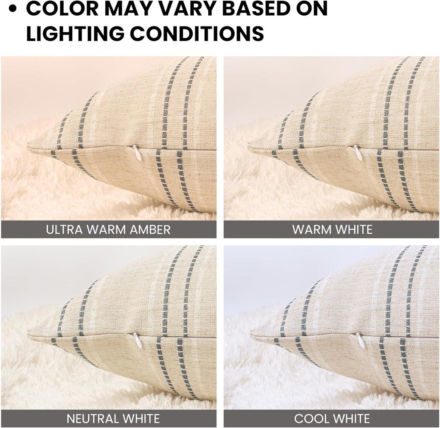 AELS 18x18 Decorative Farmhouse Linen Throw Pillow Covers, Boho Textured Pillow Case, Set of 2, Beige with White & Brown Stitch Yarn Dyed Stripe Cushion Cover for Sofa Couch Living Room (Cover ONLY)