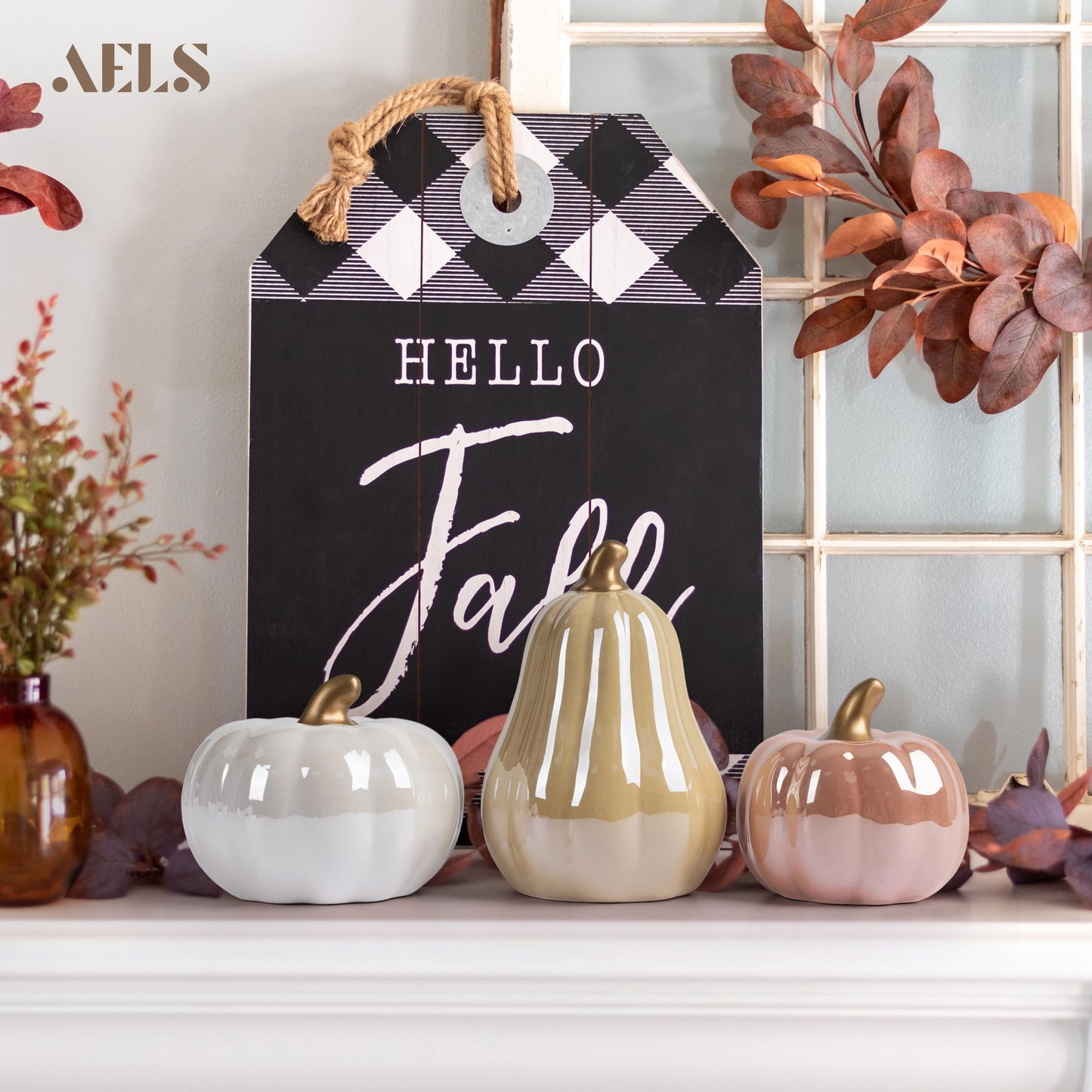 AELS Modern Ceramic Pumpkins Fall Decor Indoor, Set of 3 Chic Tabletop Decorations, Artificial Pumpkins Decor for Fall Table Runner, Office, Holiday Party Home, Black and White