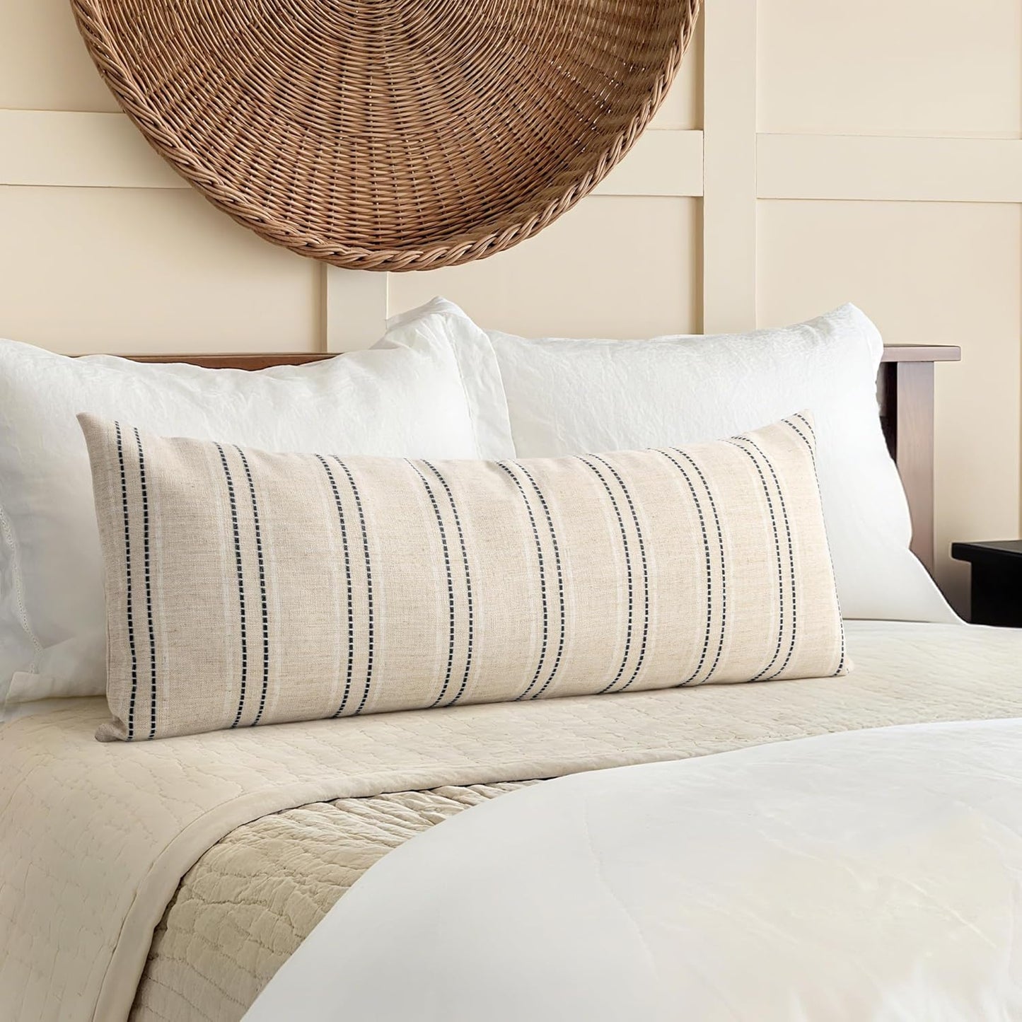 AELS 18x18 Decorative Farmhouse Linen Throw Pillow Covers, Boho Textured Pillow Case, Set of 2, Beige with White & Brown Stitch Yarn Dyed Stripe Cushion Cover for Sofa Couch Living Room (Cover ONLY)